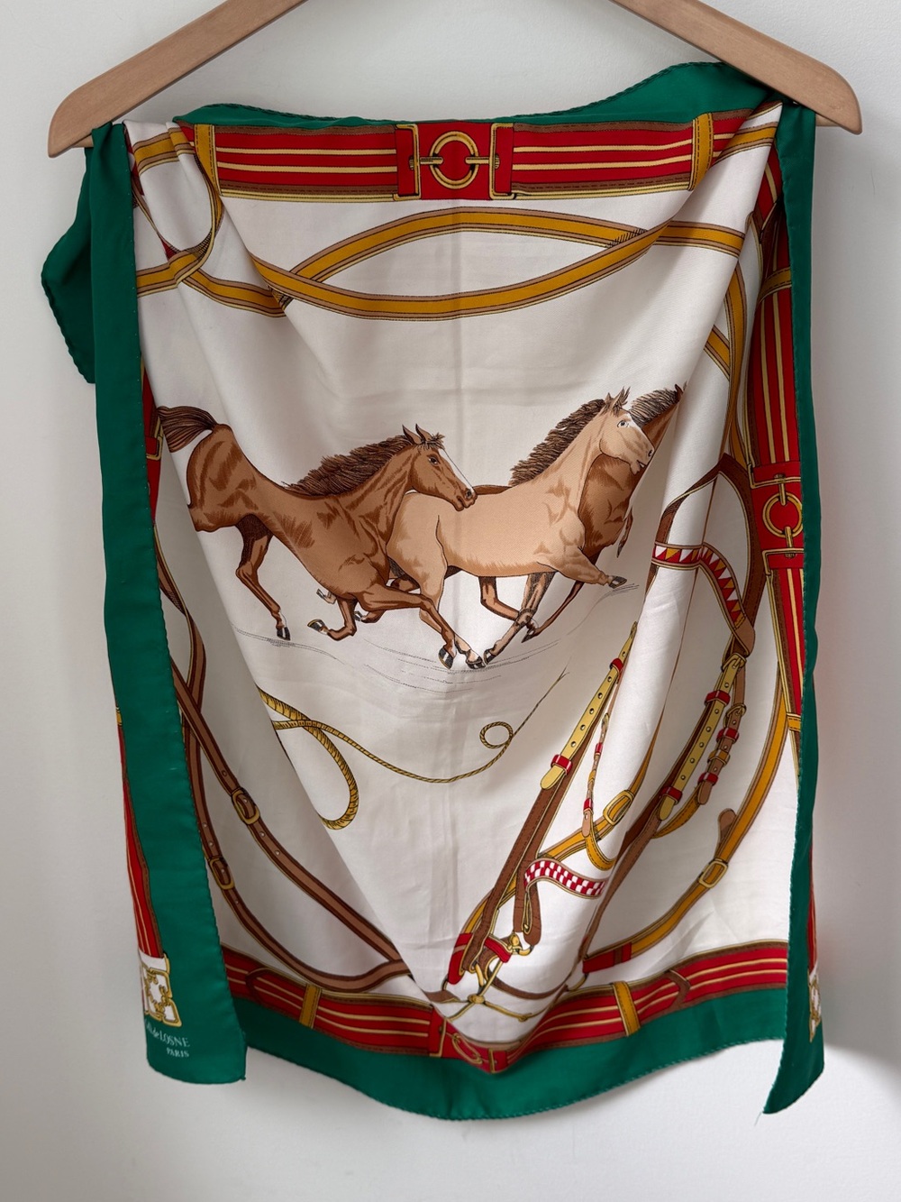 GIL DE LOSNE Paris Vintage Equestrian Silk Scarf Hunter Green Border